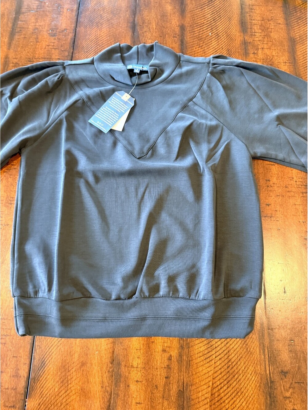 Democracy Vintage Black Mock Neck Puff Sleeve Pullover Sweatshirt NWT Medium